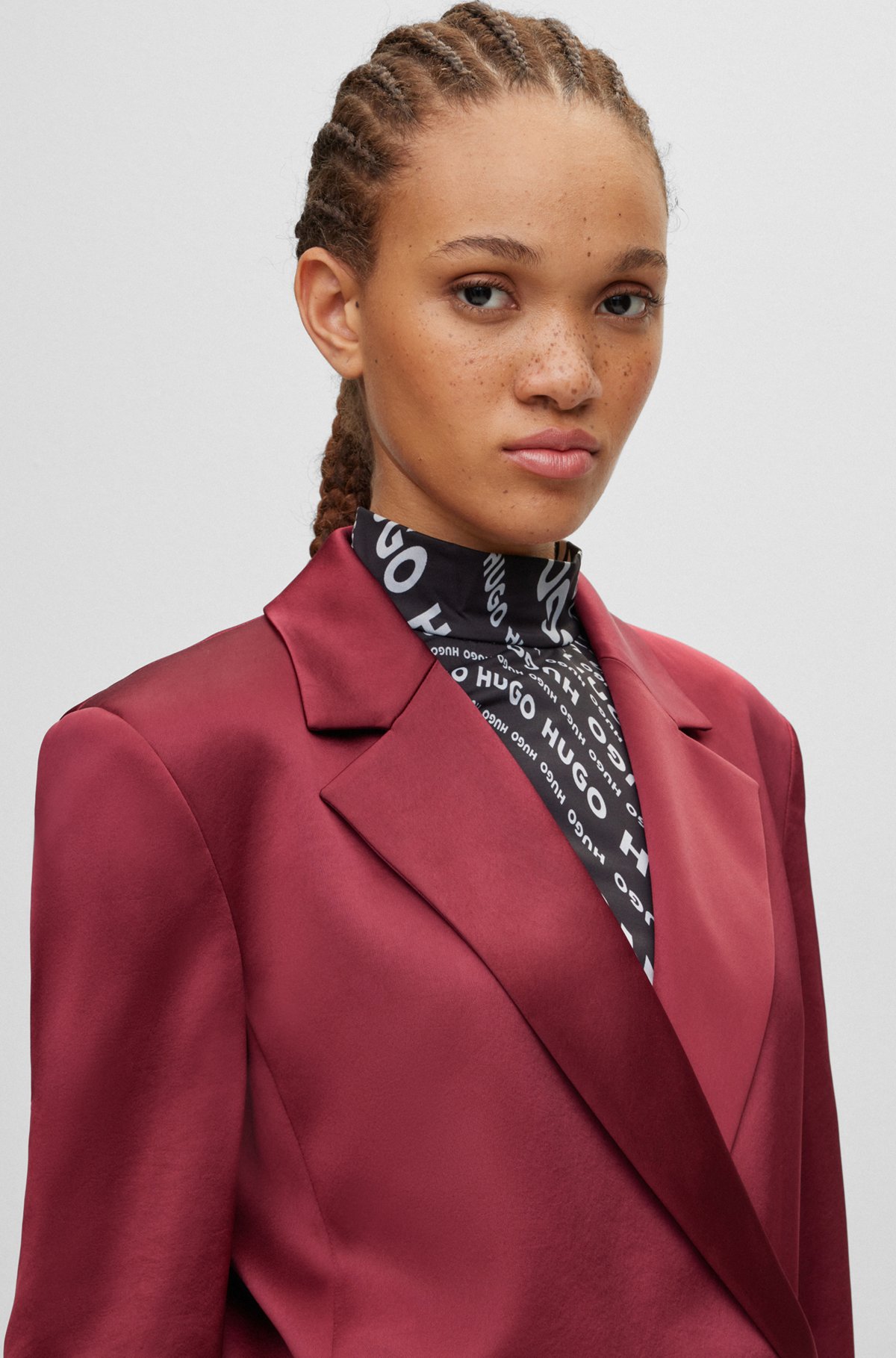 Regular-fit double-breasted jacket in satin, Dark Red