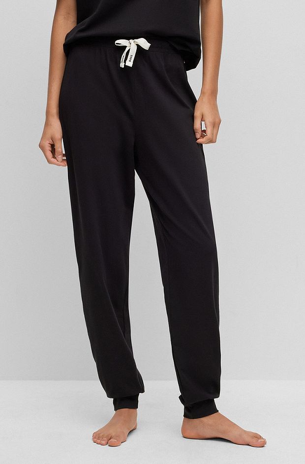 Bas de pyjama en coton stretch avec cordons logotés, Noir
