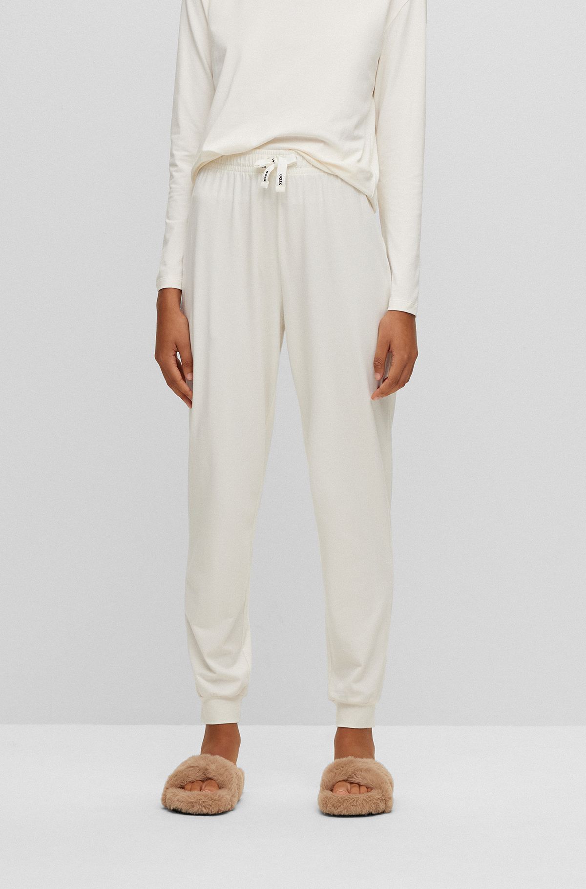 Bas de pyjama en coton stretch avec cordons logotés, Blanc