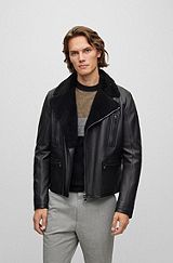 Leather jacket with sheepskin collar and asymmetric zip, Black
