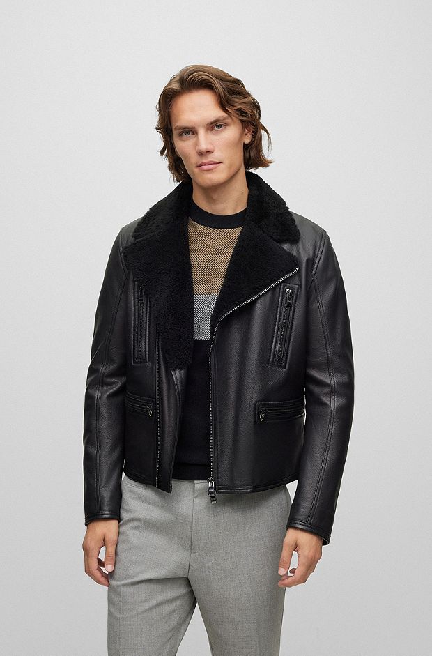 Leather jacket with sheepskin collar and asymmetric zip, Black