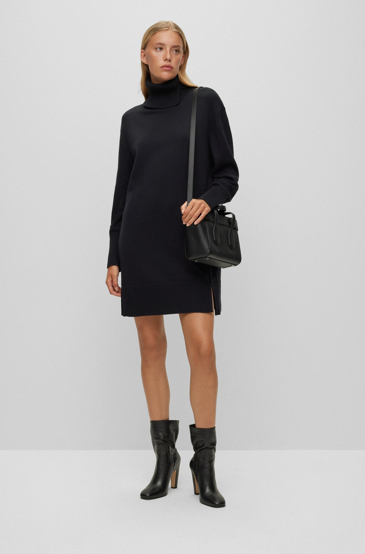 Rollneck dress in cotton and virgin wool, Black