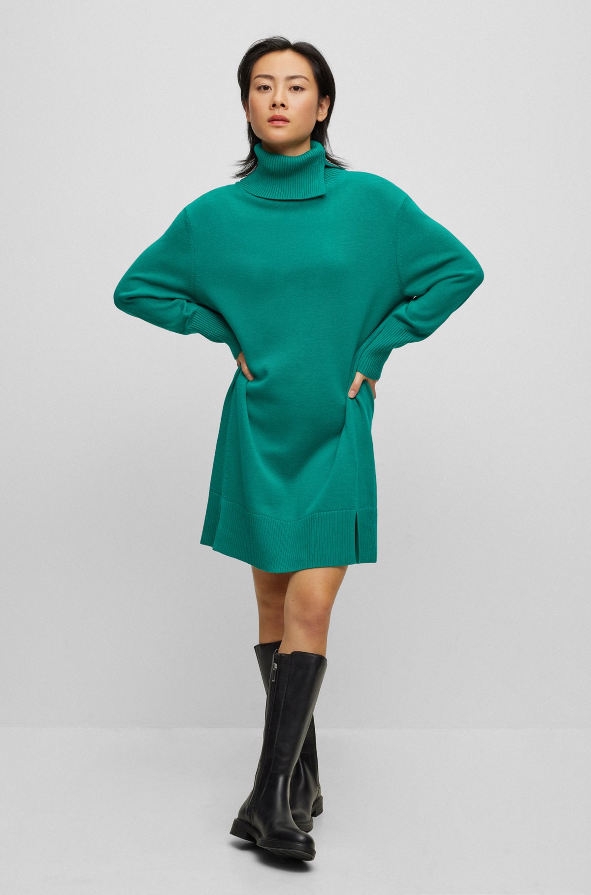 Rollneck dress in cotton and virgin wool, Green