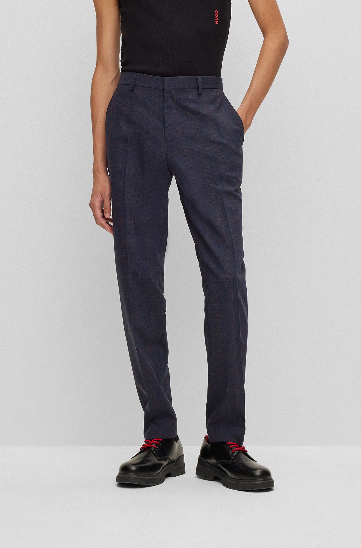 Slim-fit trousers in a checked wool blend, Dark Blue