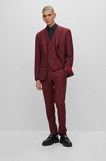 Slim-fit three-piece suit in performance-stretch cloth, Dark Red