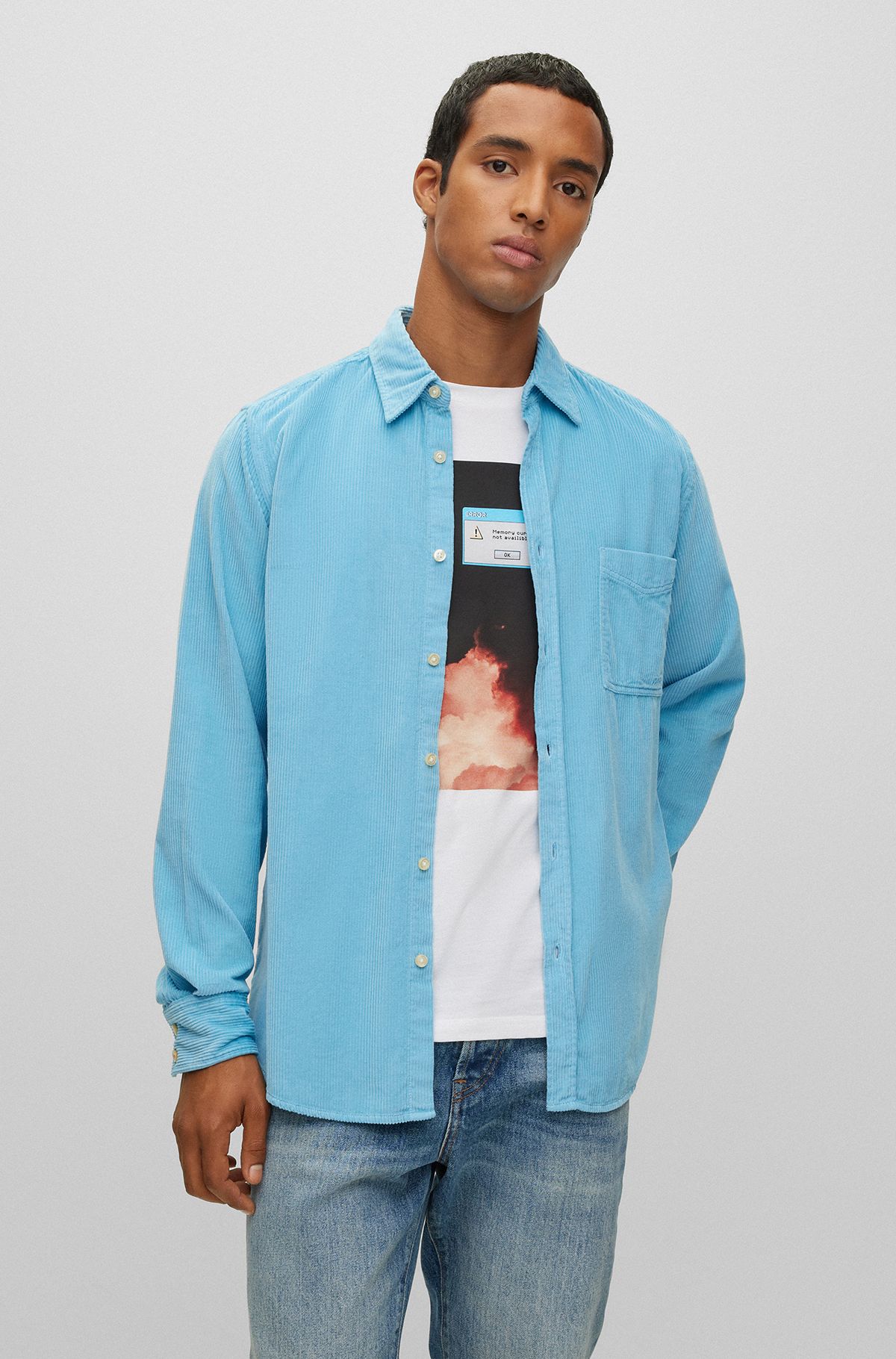 Regular-fit shirt in cotton corduroy, Light Blue