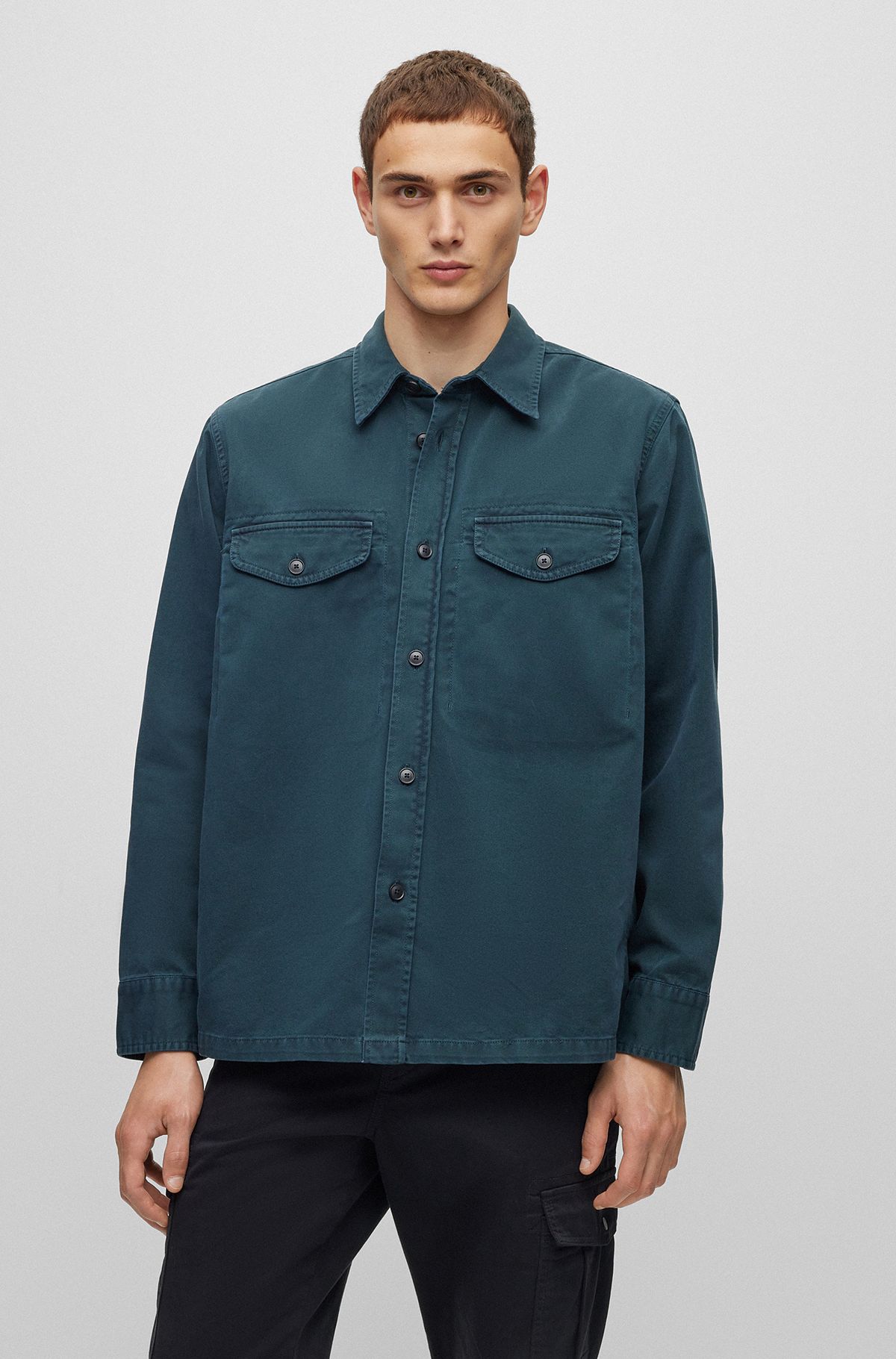 Oversized-fit overshirt in cotton twill, Dark Green