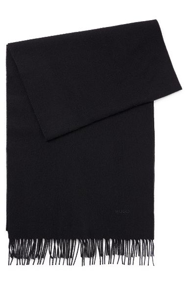 Fringed wool scarf with embroidered logo, Black