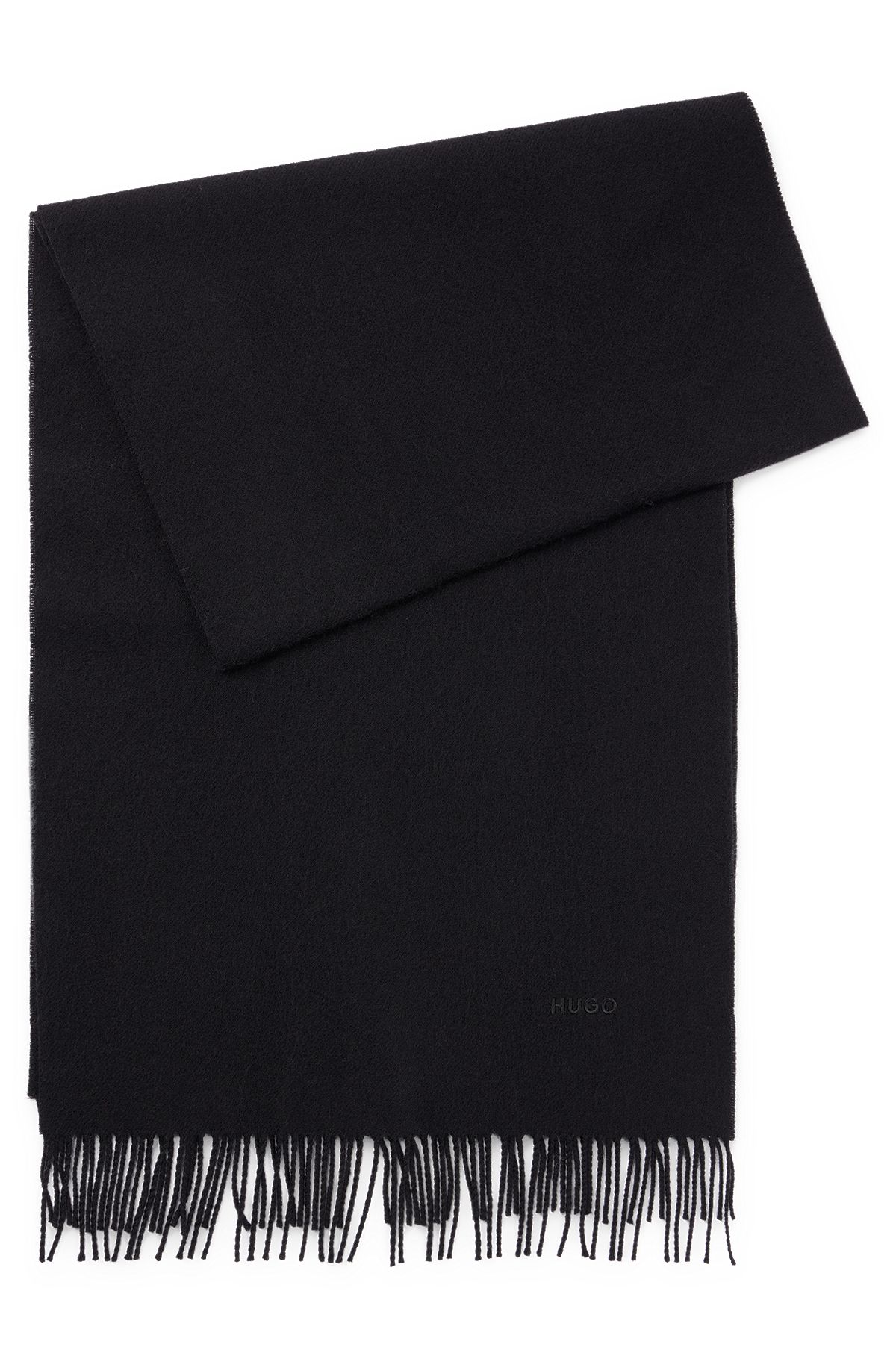 Bufanda de flecos de lana con logo bordado, Negro