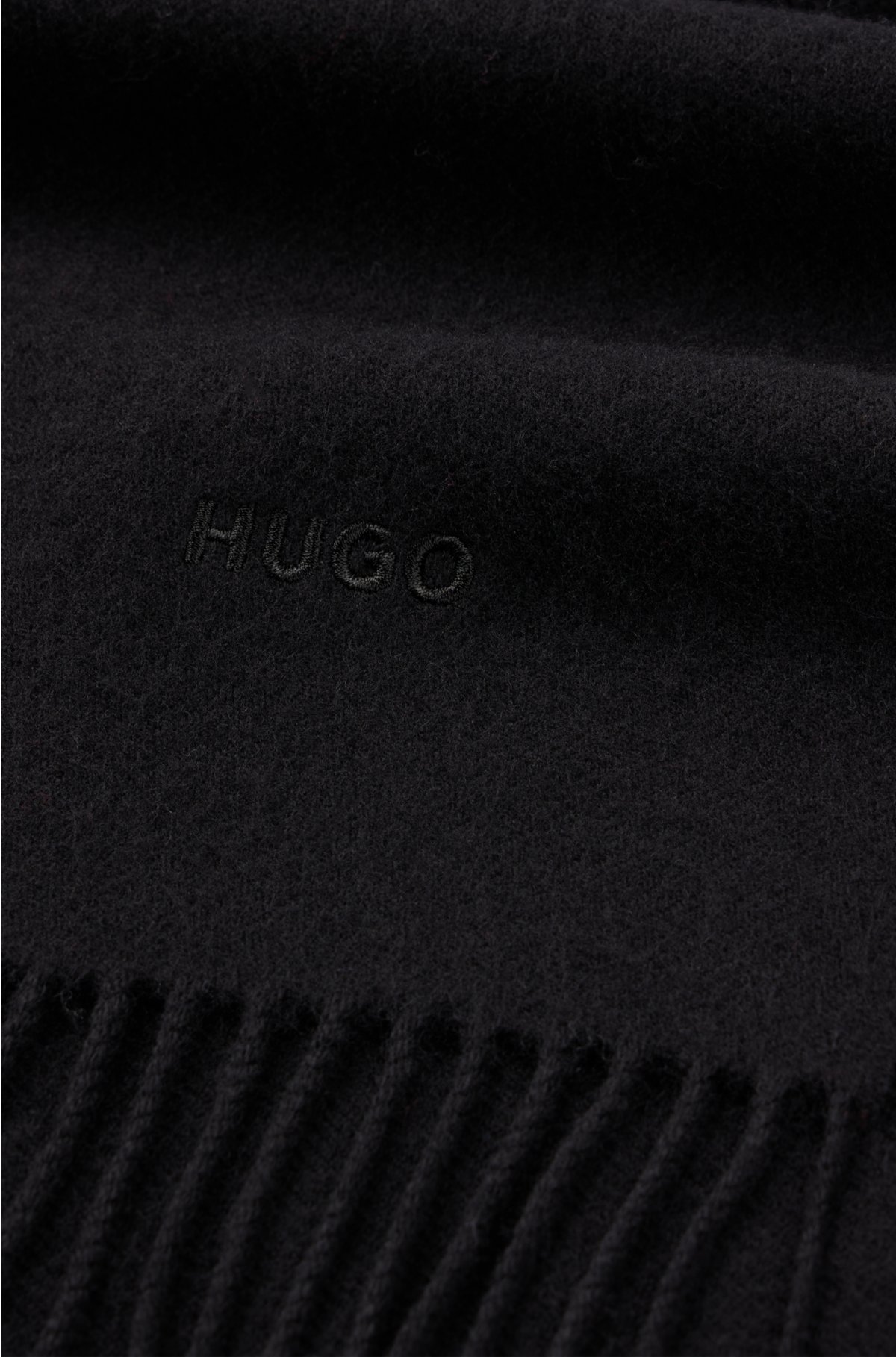 Fringed wool scarf with embroidered logo, Black