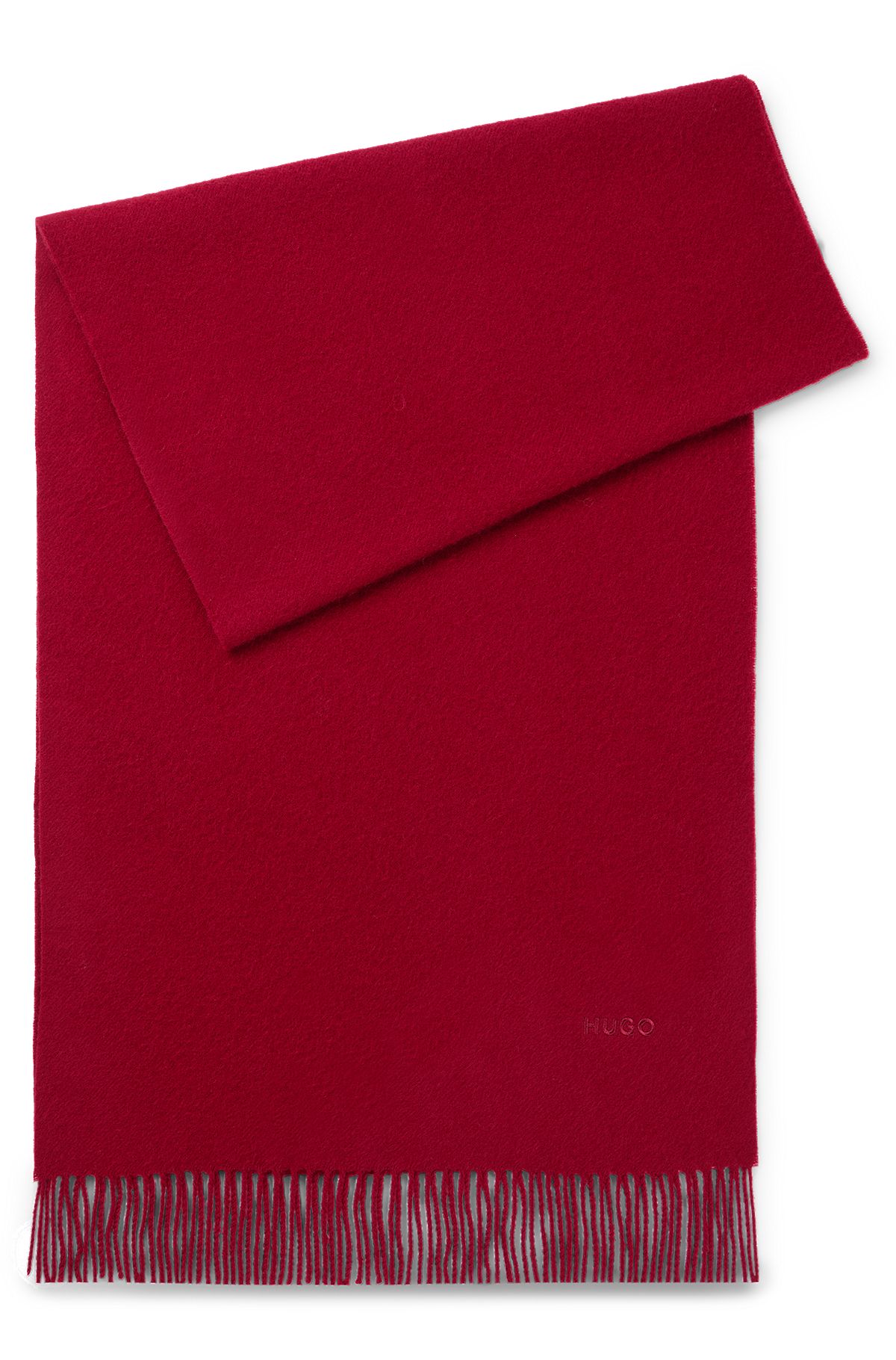 Fringed wool scarf with embroidered logo, Dark Red