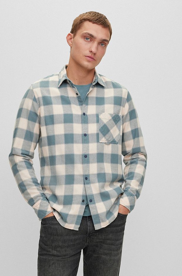 Regular-fit shirt in checked cotton flannel, Light Beige