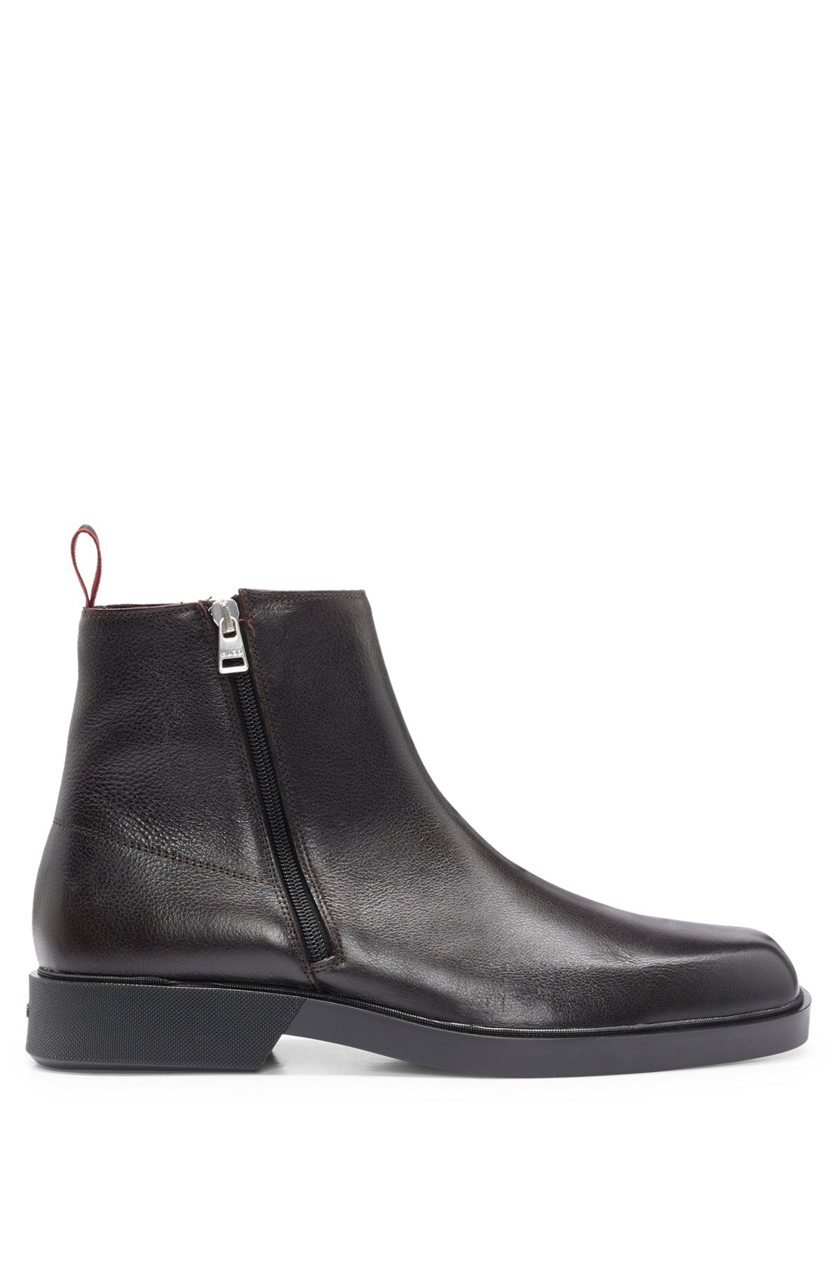 Ankle boots in grained leather with signature details, Dark Brown
