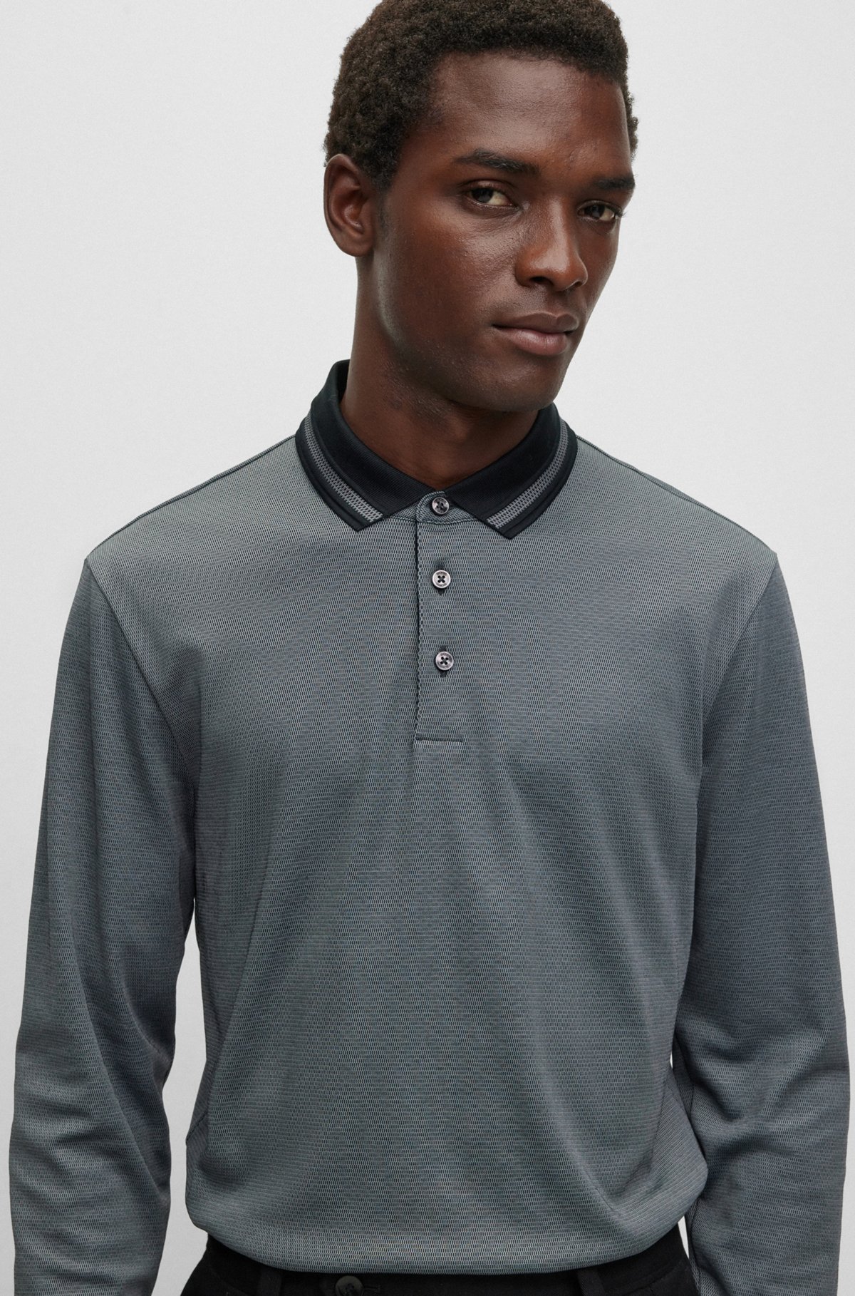 Slim-fit long-sleeved polo shirt with woven pattern, Dark Grey