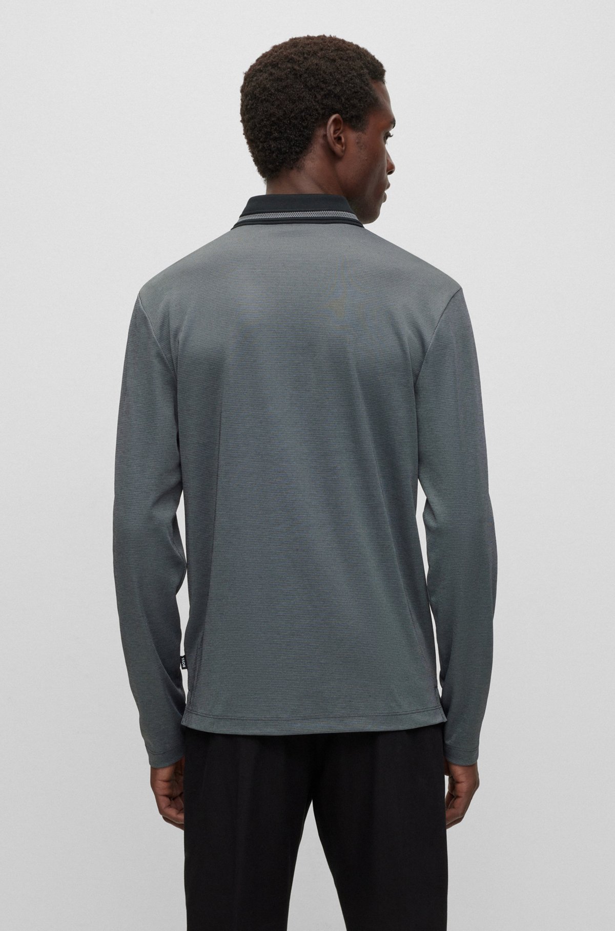 Slim-fit long-sleeved polo shirt with woven pattern, Dark Grey
