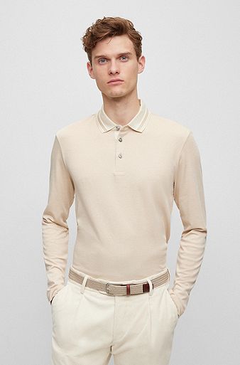 Slim-fit long-sleeved polo shirt with woven pattern, Light Beige