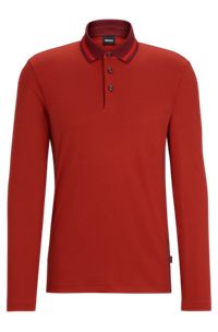 Slim-fit long-sleeved polo shirt with woven pattern, Red