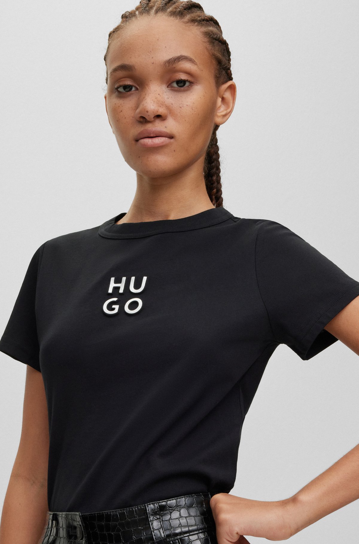 Cotton T-shirt with embossed stacked logo, Black
