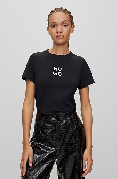 Cotton T-shirt with embossed stacked logo, Black