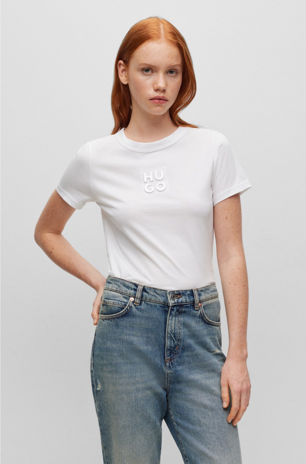 HUGO - Cotton T-shirt with embossed stacked logo