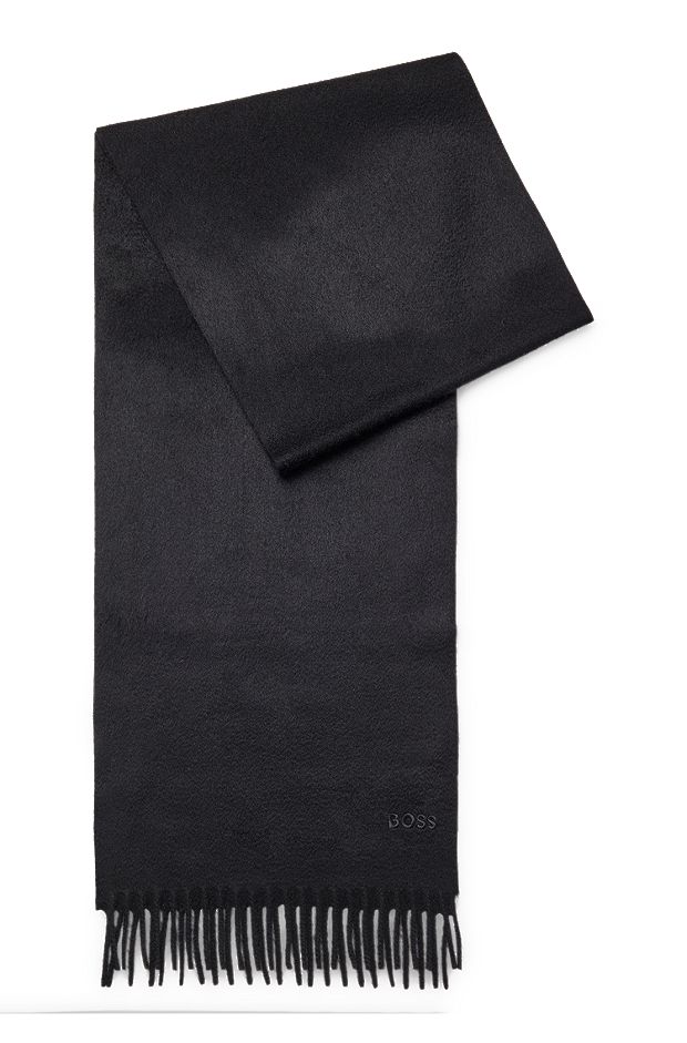 Fringed scarf in pure Italian cashmere with embroidered logo, Black