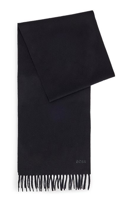 Fringed scarf in pure Italian cashmere with embroidered logo, Dark Blue
