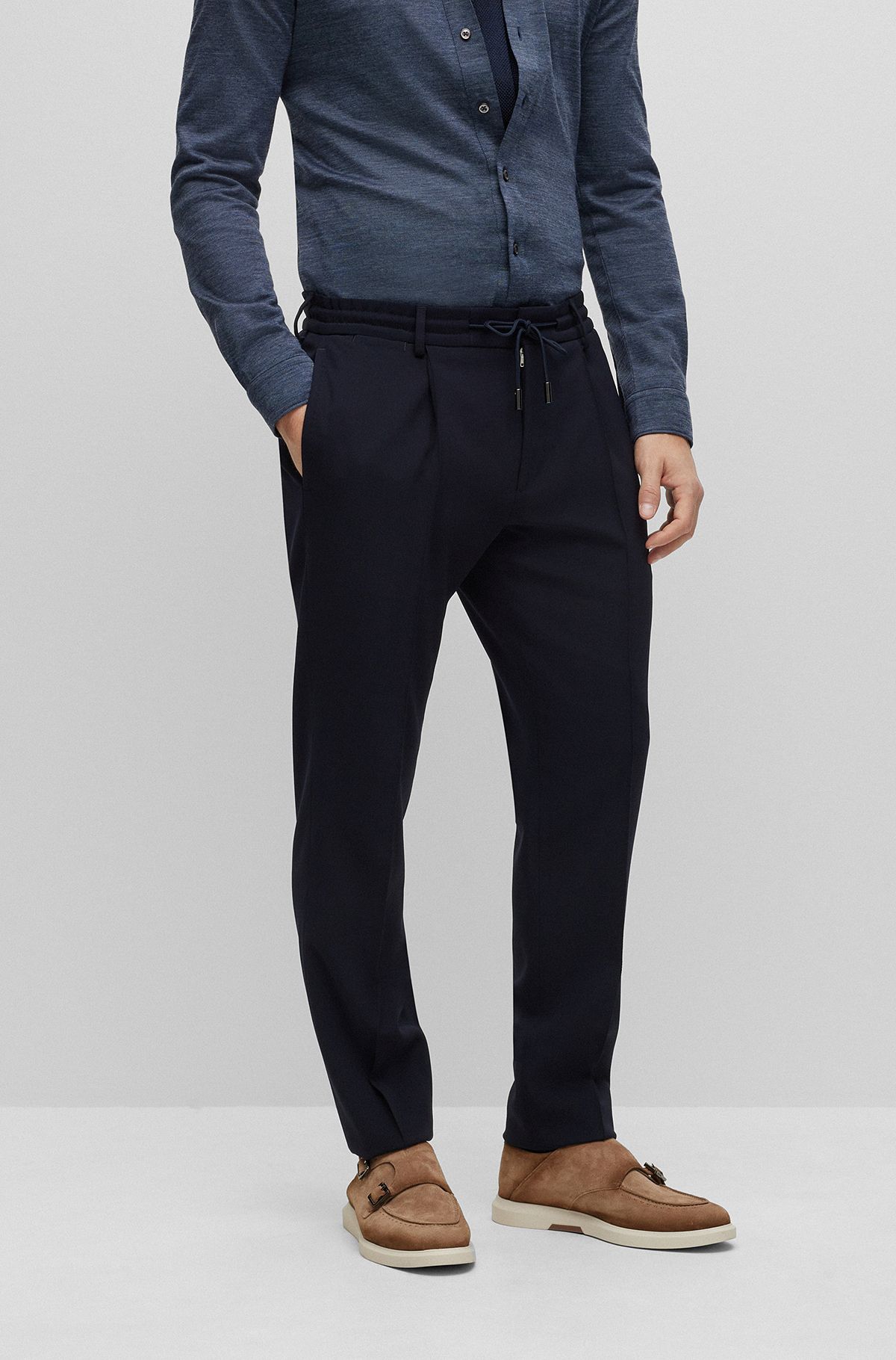 Slim-fit trousers in micro-patterned stretch virgin wool, Dark Blue
