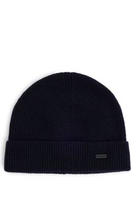 Hugo Cashmere Beanie Hat With Logo Plaque In Blue