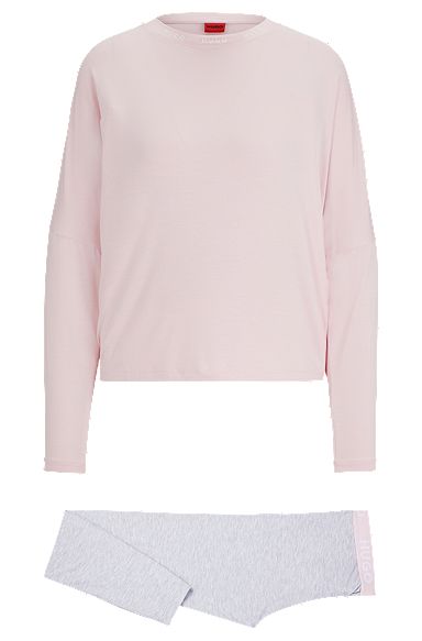 Stretch-jersey pyjamas with contrast logos, light pink