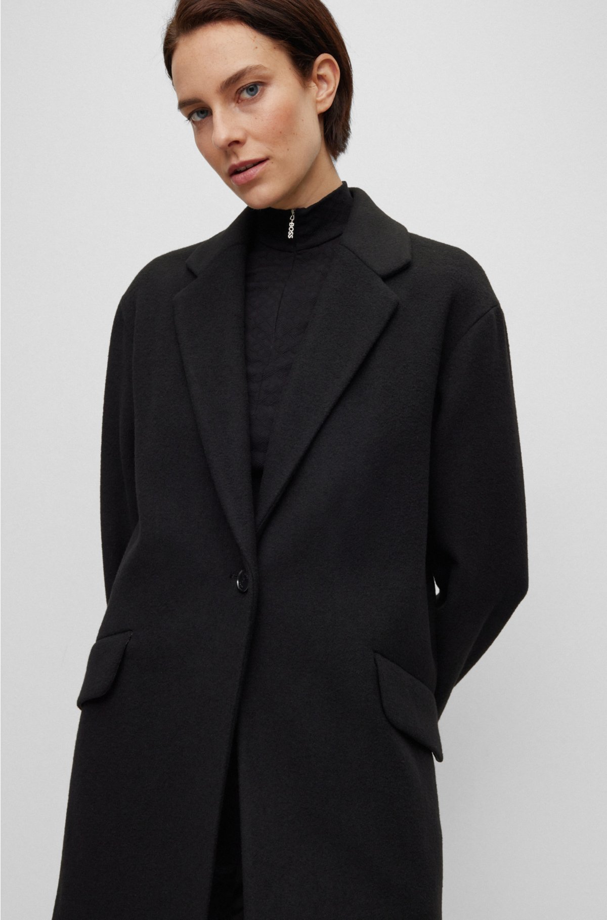 Formal coat in boiled fabric with virgin wool, Black