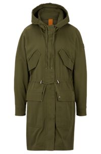 Hooded coat in stretch-cotton twill, Dark Green