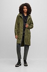Hooded coat in stretch-cotton twill, Dark Green
