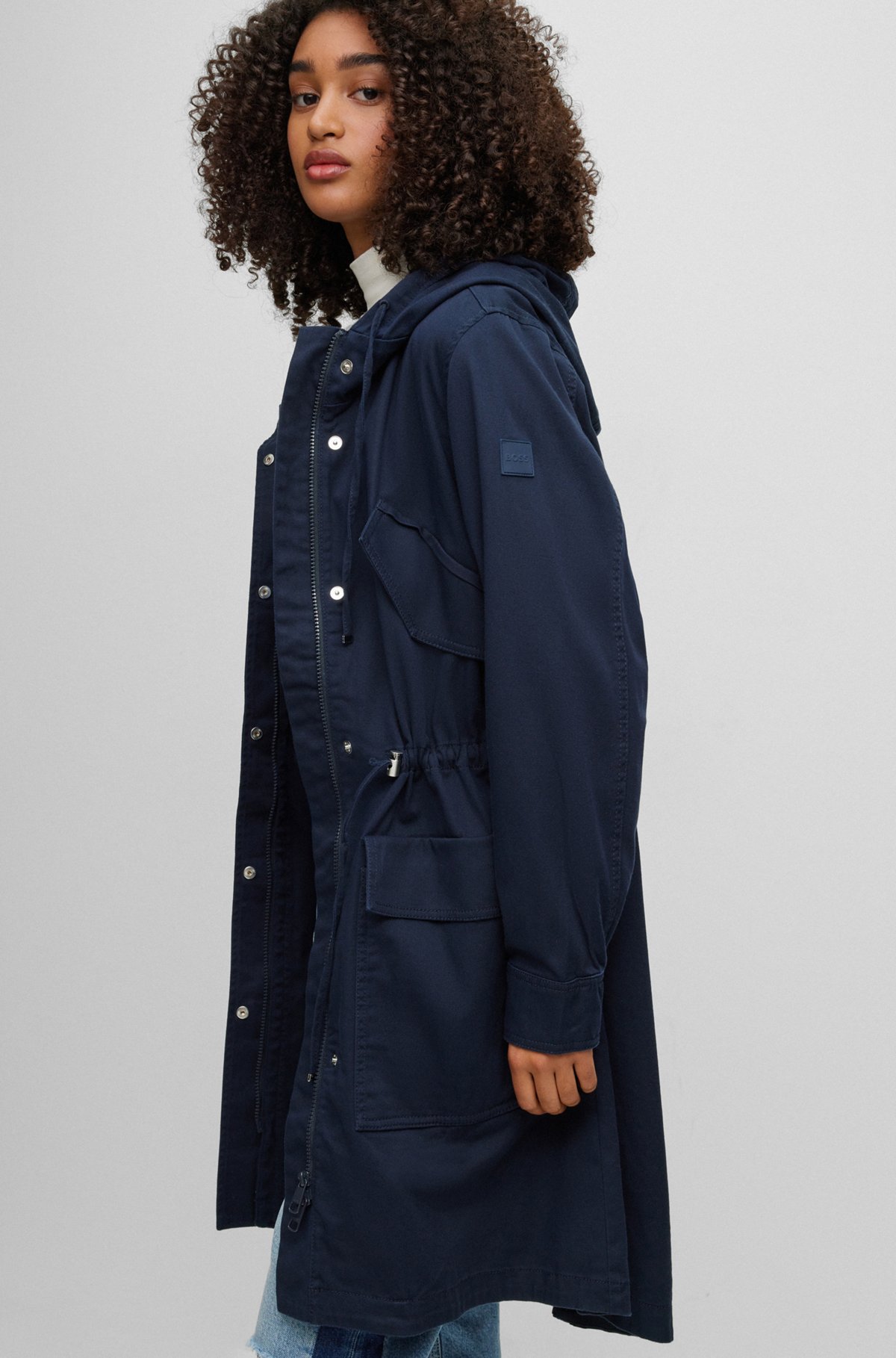 Hooded coat in stretch-cotton twill, Dark Blue
