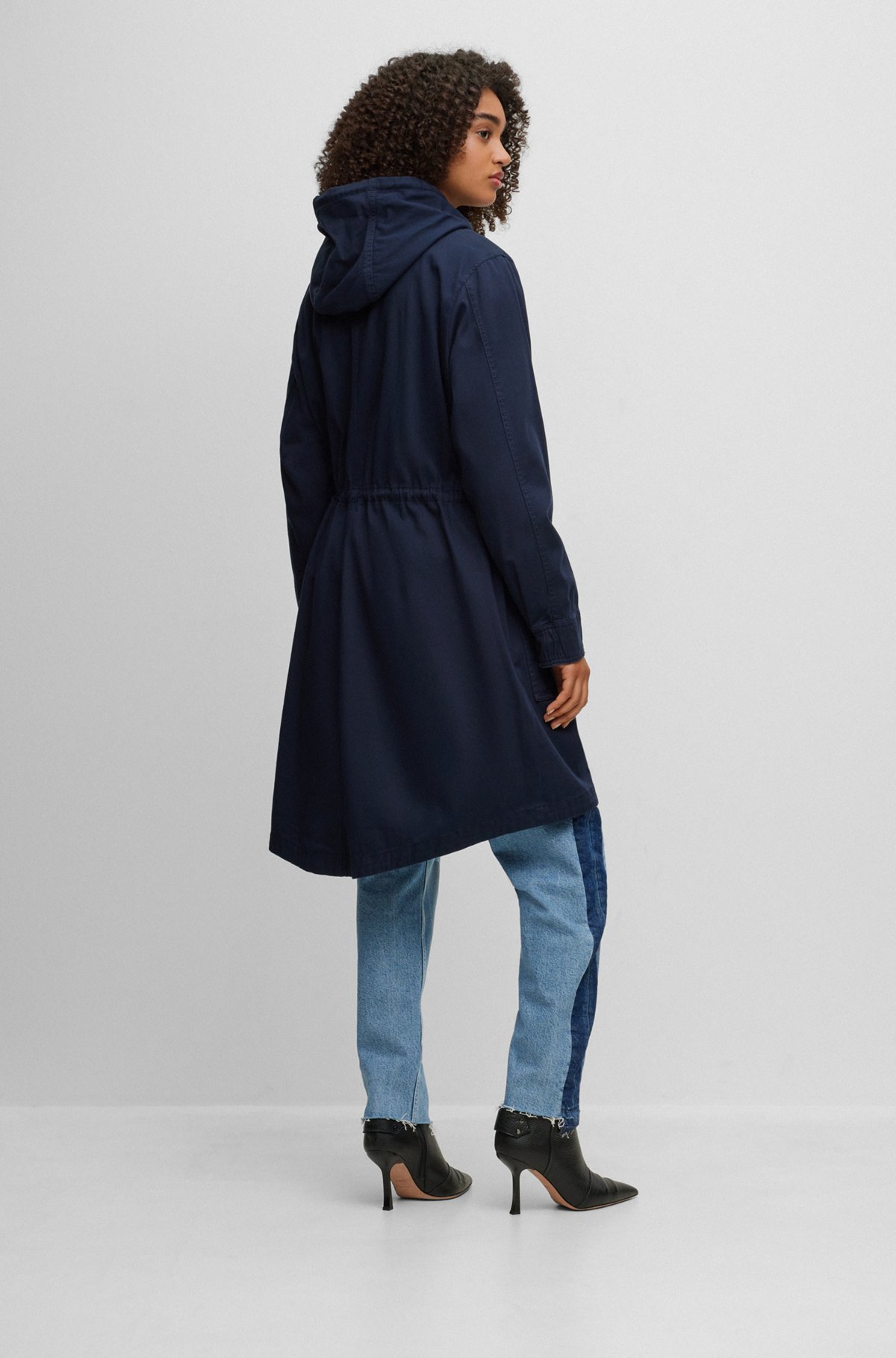 Hooded coat in stretch-cotton twill, Dark Blue