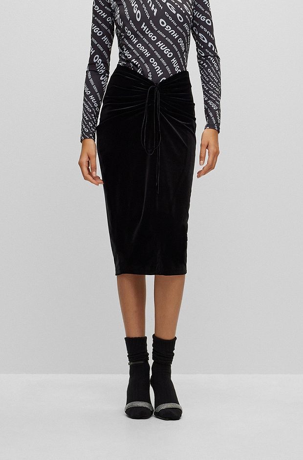 Velour pencil skirt with gathered front detail, Black