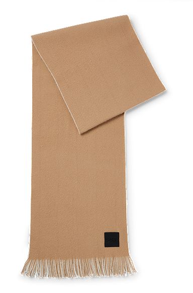 Double-faced wool-blend scarf with logo badge, Beige