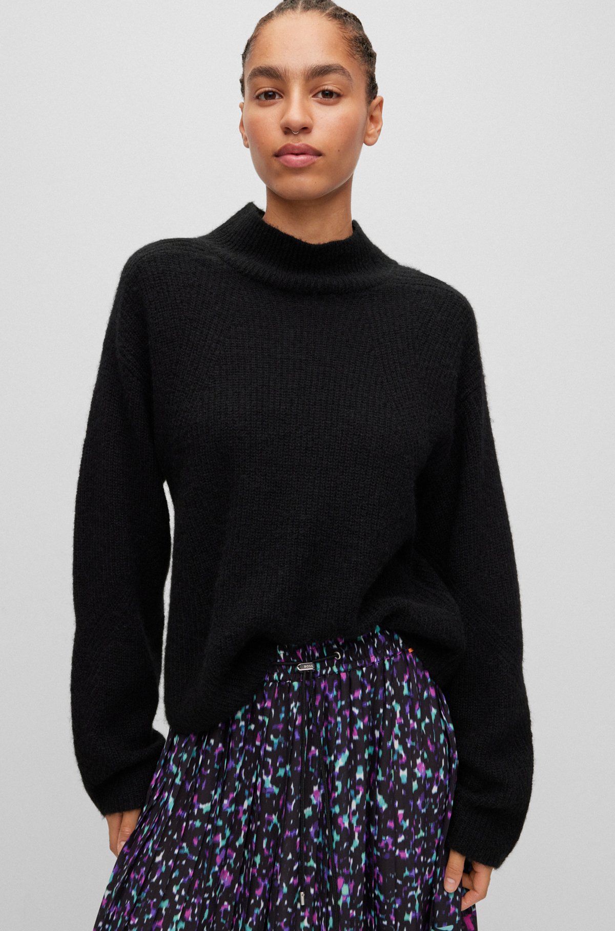 Knitted sweater with mock neckline, Black