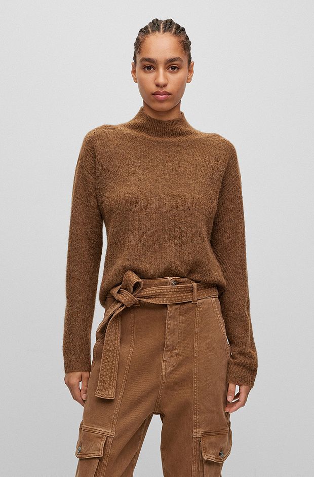 Knitted sweater with mock neckline, Brown