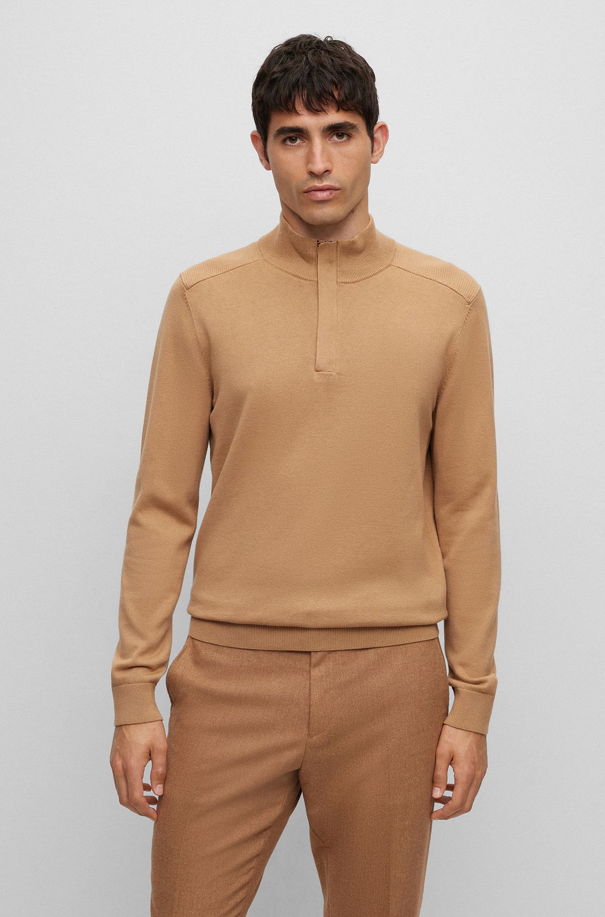 Zip-neck troyer sweater in cotton and virgin wool, Beige