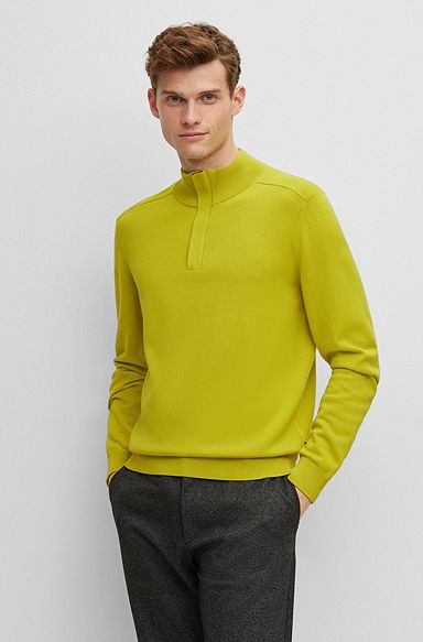 Zip-neck troyer sweater in cotton and virgin wool, Light Green