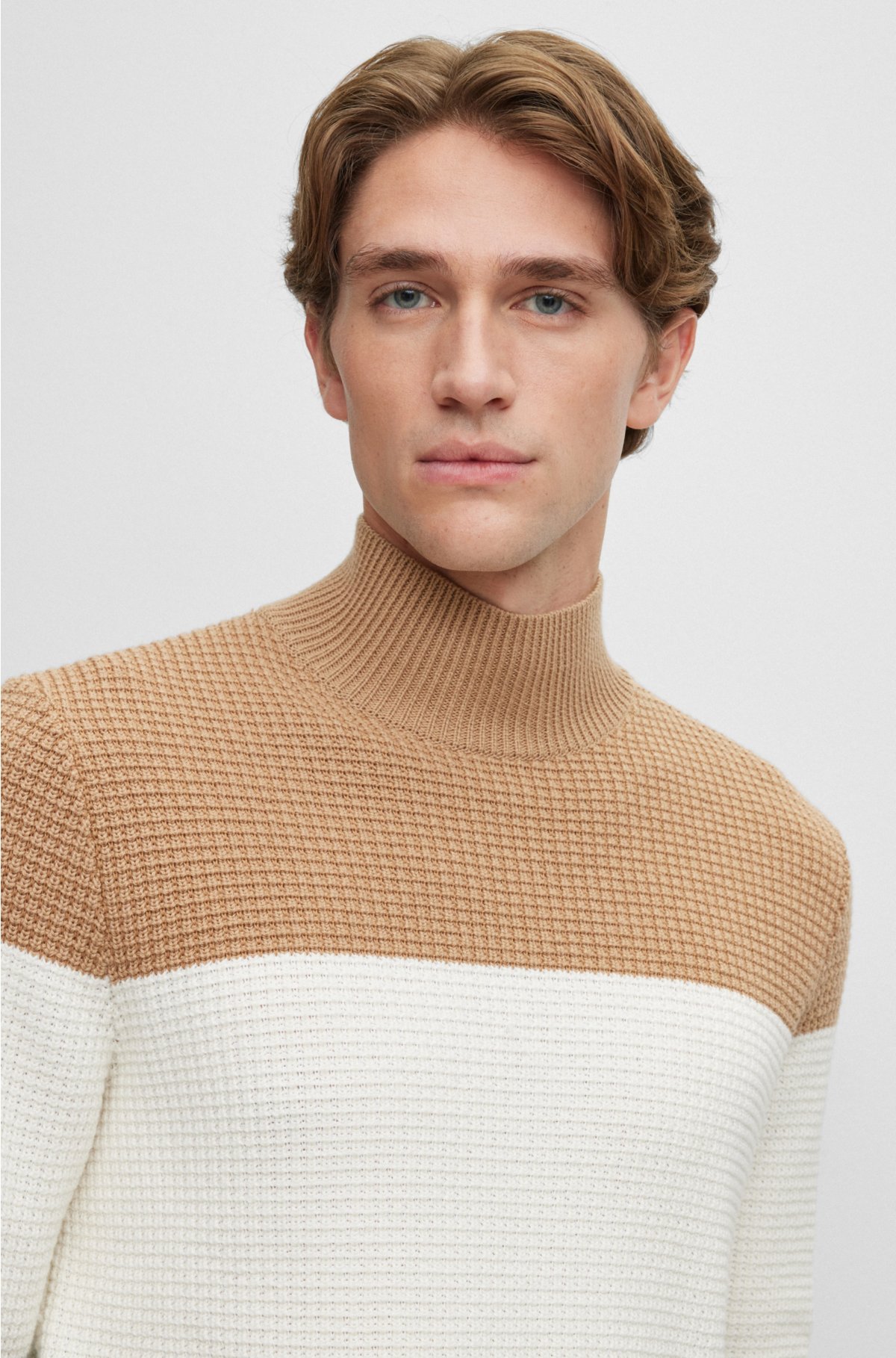 Mock-neck sweater in structured cotton and virgin wool, Black  /  White  /  Beige