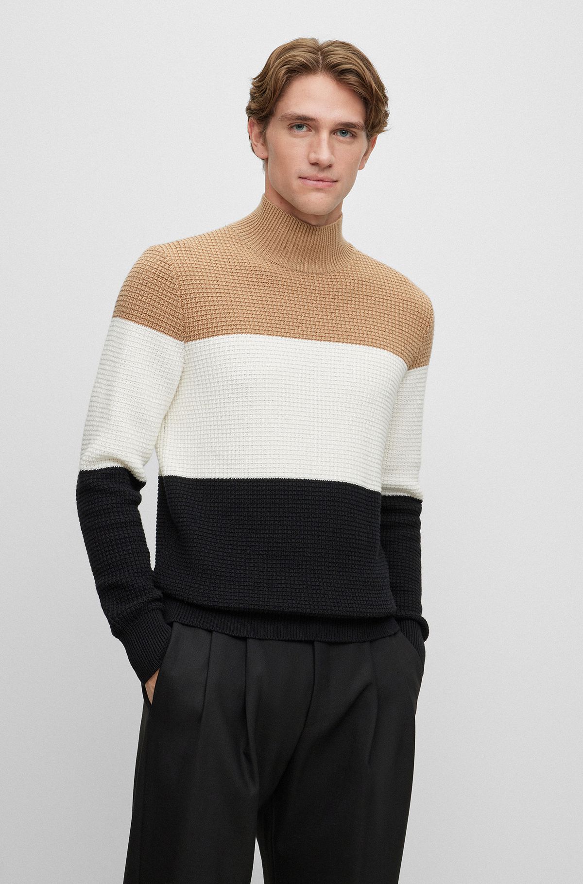 Mock-neck sweater in structured cotton and virgin wool, Black  /  White  /  Beige