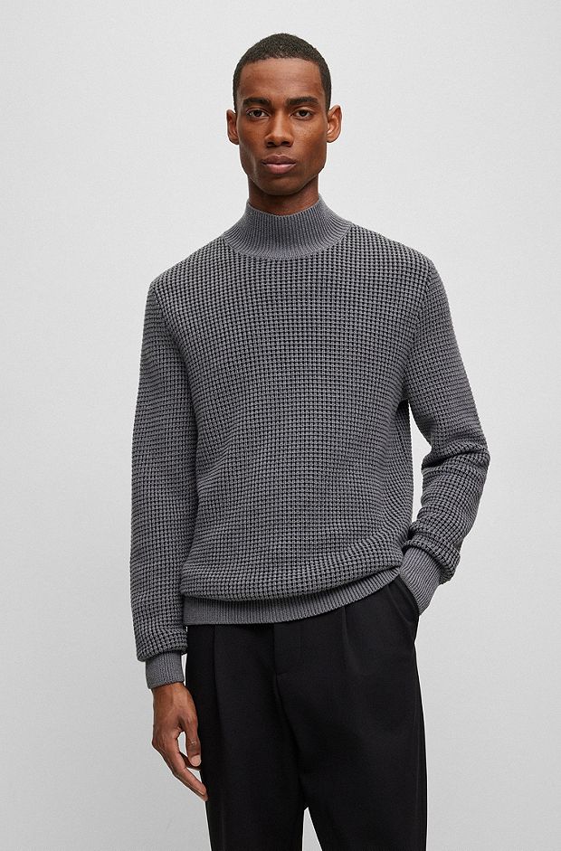 Mock-neck sweater in structured cotton and virgin wool, Dark Grey