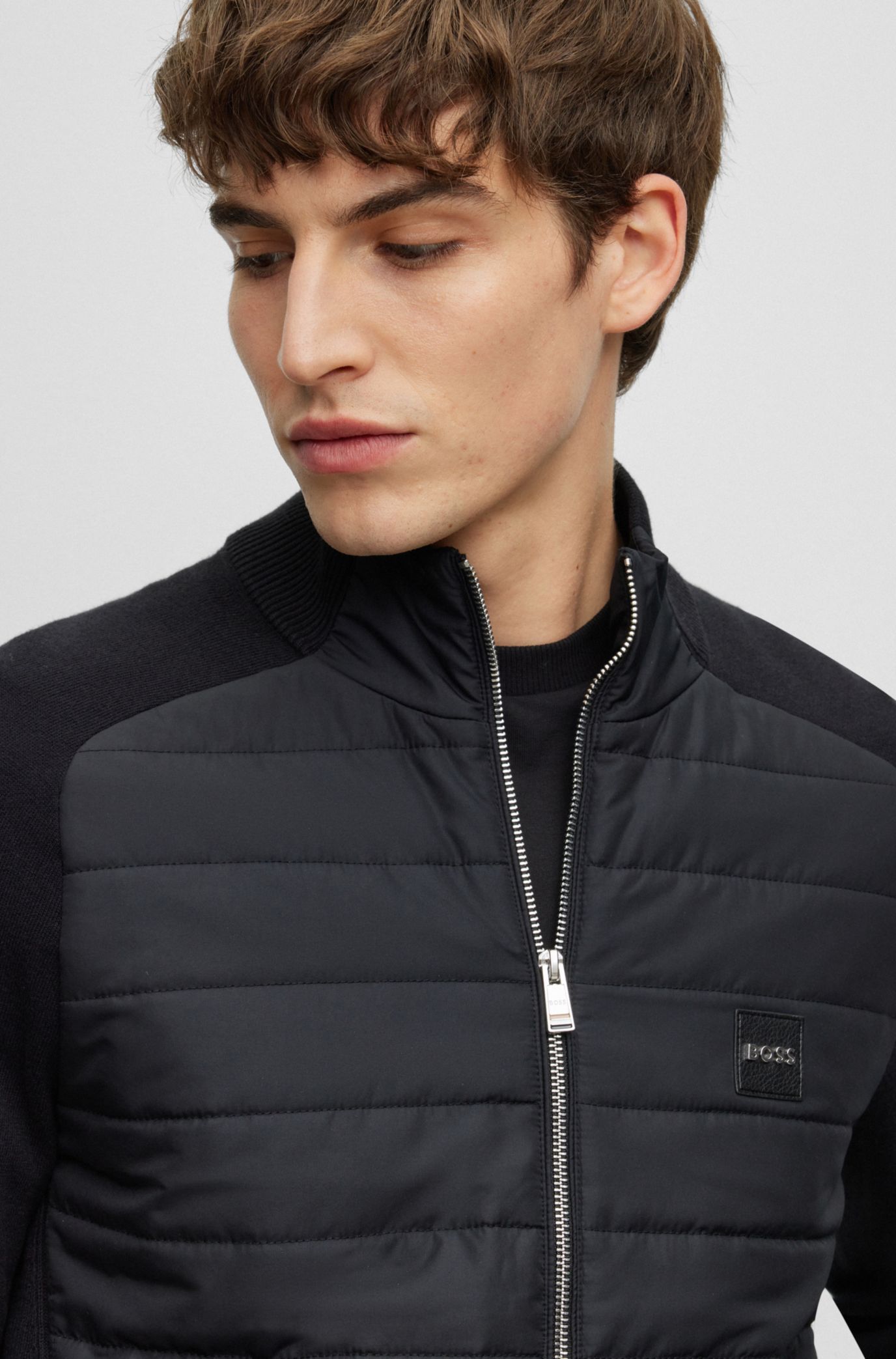 BOSS - Hybrid zip-up hoodie with quilted back