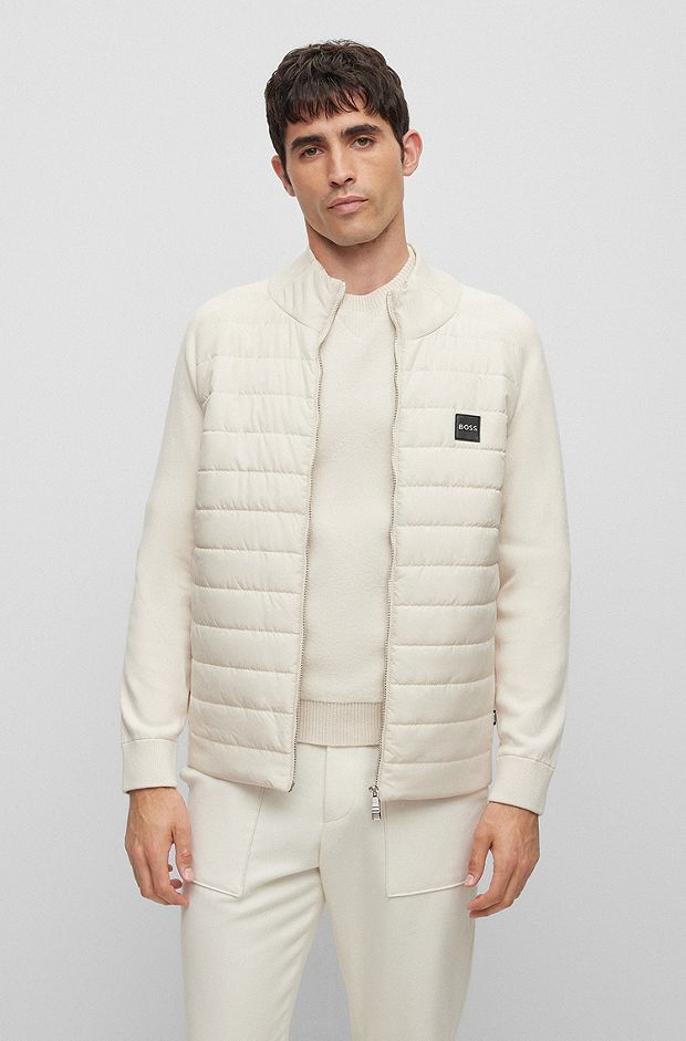 Zip-up knitted jacket in mixed materials, White