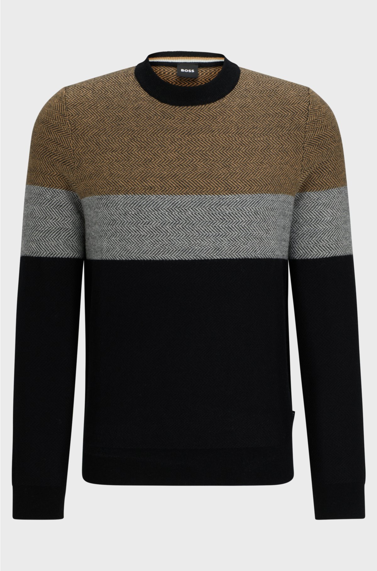 Herringbone-structured sweater in virgin wool and cotton, Black