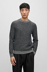 Herringbone-structured sweater in virgin wool and cotton, Dark Grey