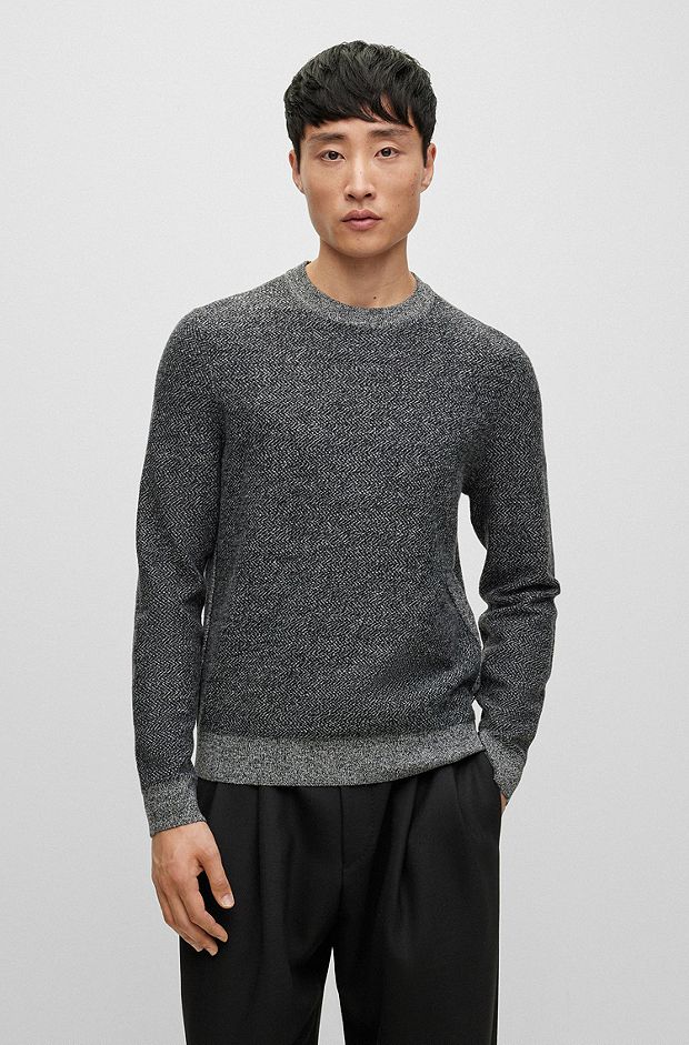 Herringbone-structured sweater in virgin wool and cotton, Dark Grey