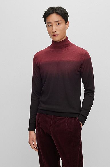 Rollneck sweater in degradé virgin wool and silk, Dark Red