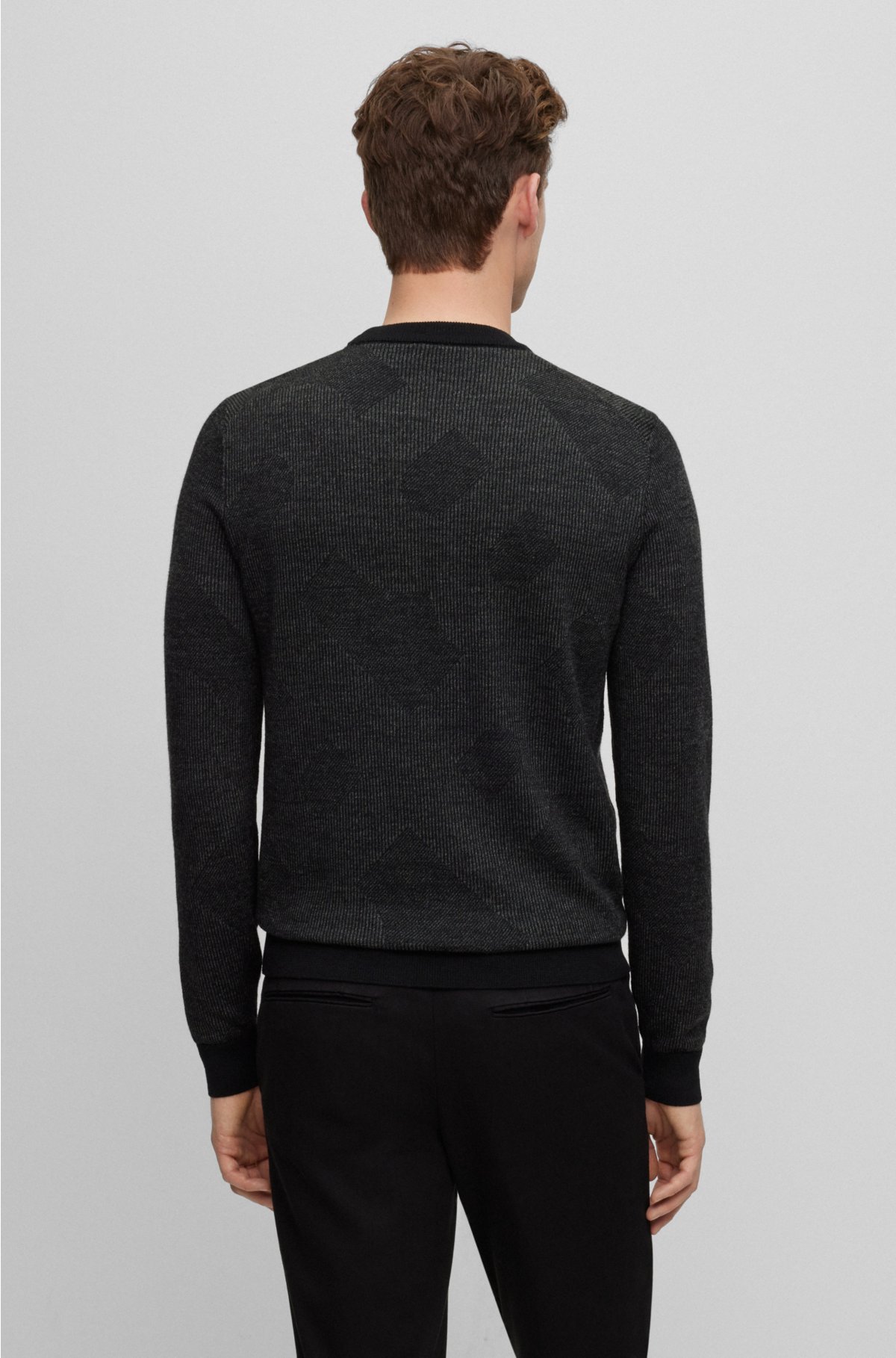 Virgin-wool sweater with two-tone monogram jacquard, Black